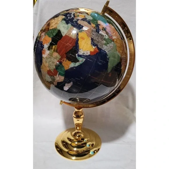 Genuine Solid Gemstone World Globe 21" High 14" Diameter 24K Gold Heavy STUNNING